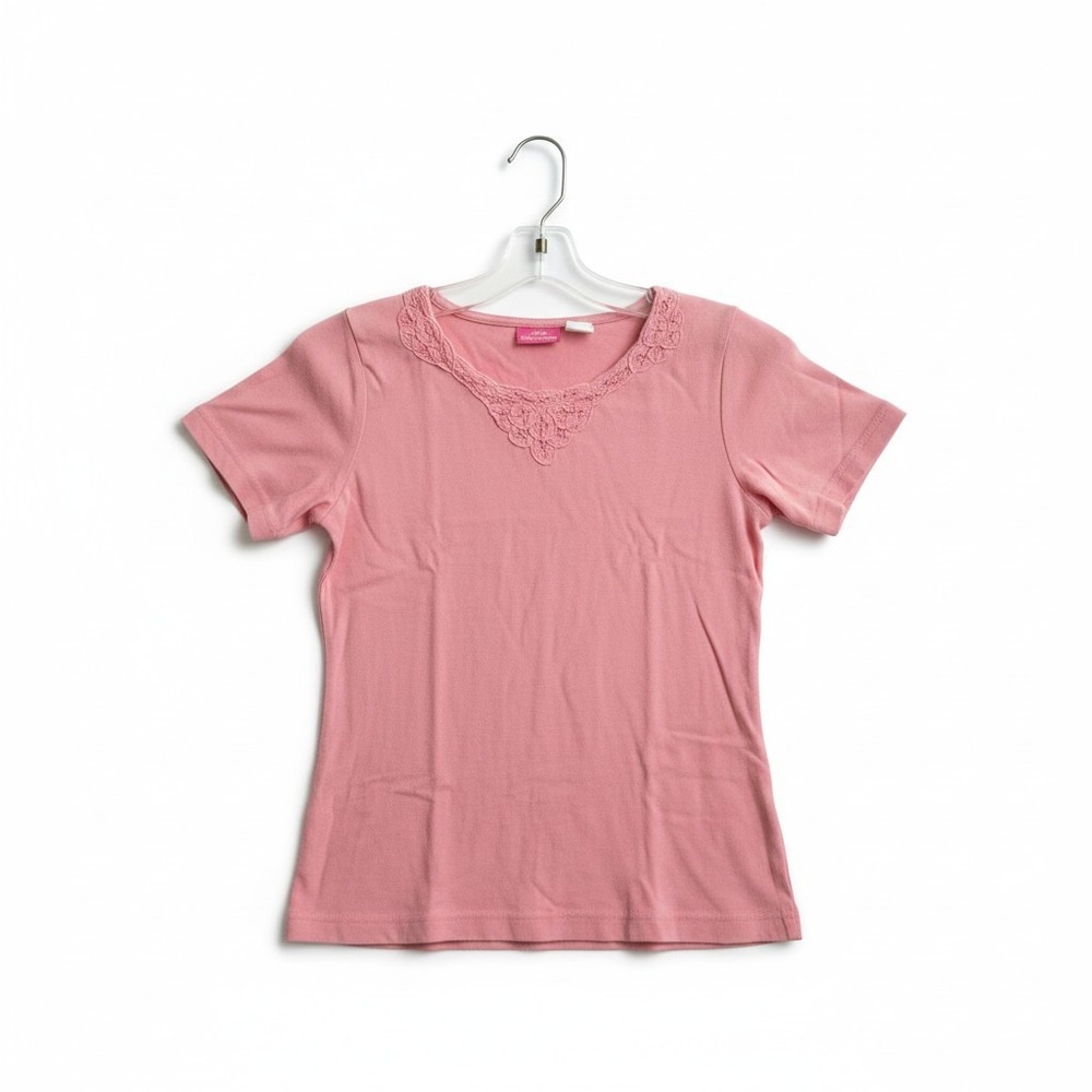 Pappagallo Pink Lace Trim V-Neck, Women's Small T-Shirt, Short Sleeve Cotton